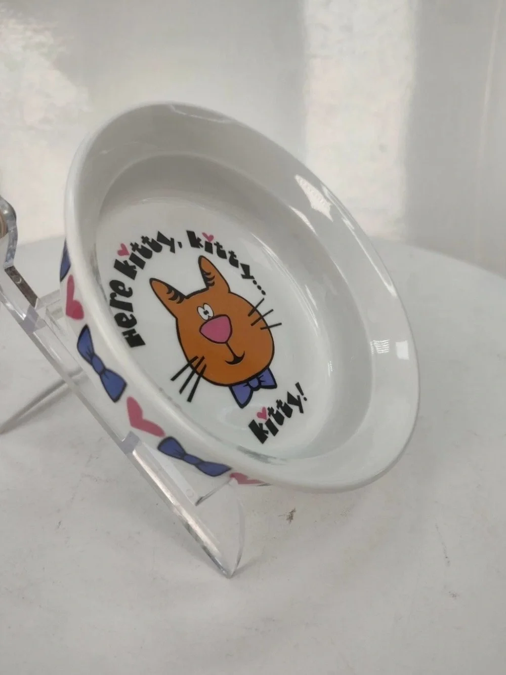 Cat travel Cute Orange Kitty Ceramic Bowl with Purple Bow 5”